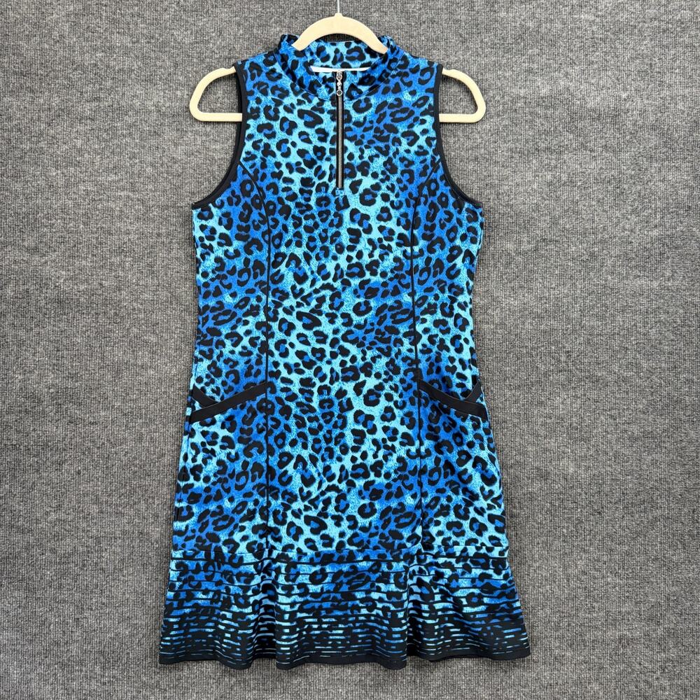 Acegolfs Golf Dress Women M Blue Leopard Sleeveless Performance 1/4 Zip Athletic